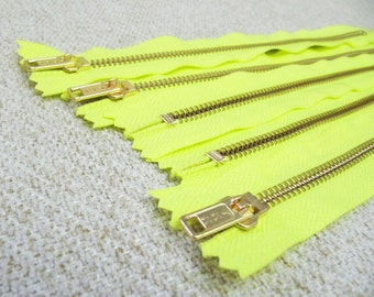 10inch - Neon Yellow Metal Zipper - Gold Teeth - 5pcs
