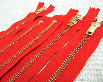 16inch - Hot Red Metal Zipper - Gold Teeth - 5pcs