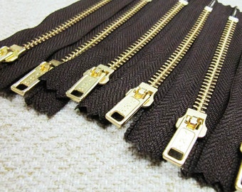 4inch - Dark Chocolate Brown Metal Zipper - Gold Teeth - 6pcs