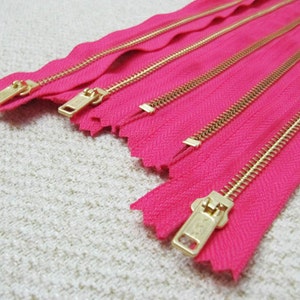 16inch - Fermeture éclair en métal rose Fuchsia - Dents en or - 5pcs
