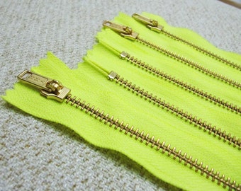 16inch - Neon Yellow Metal Zipper - Gold Teeth - 5pcs