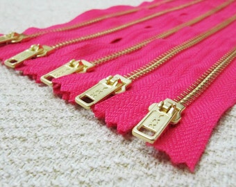 14inch - Fuchsia Pink Metal Zipper - Gold Teeth - 5pcs