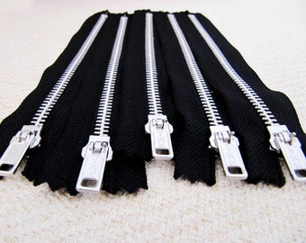 7inch - Black Metal Zipper - Silver Teeth - 5pcs