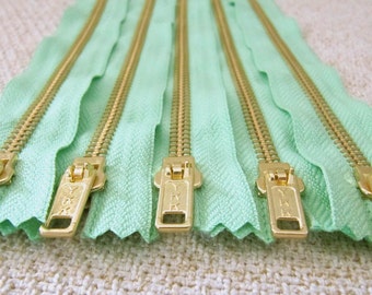 10inch - Mint Green Metal Zipper - Gold Teeth - 5pcs