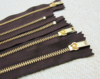 10inch - Dark Chocolate Brown Metal Zipper - Gold Teeth - 5pcs