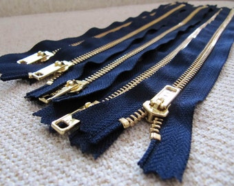 12inch - Navy Blue Metal Zipper - Gold Teeth - 5pcs