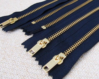 8inch - Navy Blue Metal Zipper - Gold Teeth - 5pcs