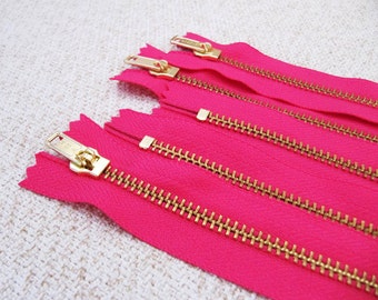 12inch - Fuchsia Pink Metal Zipper - Gold Teeth - 5pcs