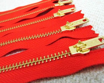 12inch - Hot Red Metal Zipper - Gold Teeth - 5pcs