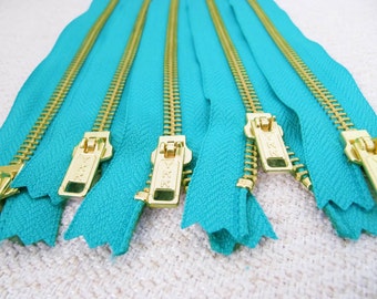 12inch - Turquoise Metal Zipper - Gold Teeth - 5pcs