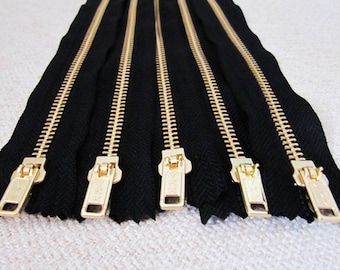 12inch - Black Metal Zipper - Gold Teeth - 5pcs