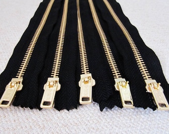 12inch - Black Metal Zipper - Gold Teeth - 5pcs