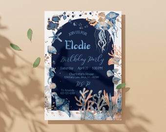 Invitation Anniversaire Sous la mer Personnalisable|Fête océanique|Thème d'animaux marins|Méduse Hippocampe|Corail Bleu Téléchargement Canva