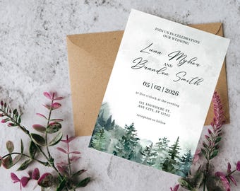 Forest Wedding Invitation Template|Editable Watercolor Mountain|Rustic Outdoor & Cottagecore|Canva Printable Download