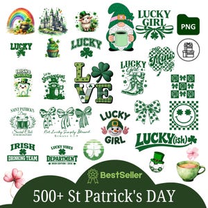Könnte beinhalten: Eine Sammlung von Grafiken zum St. Patrick's Day, darunter Kleeblätter, Gnome, Regenbogen und Texte wie "Lucky Girl" und "Irish Drinking Team". Die Designs sind in Grün und Weiß gehalten und eignen sich für festliche Bastelarbeiten.