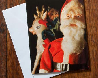 Creepy Santa Christmas Card #7 Plastic Santa and Deer with Elf