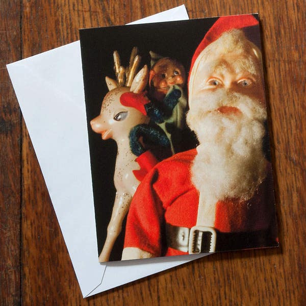 Creepy Santa Christmas Card #7 Plastic Santa and Deer with Elf