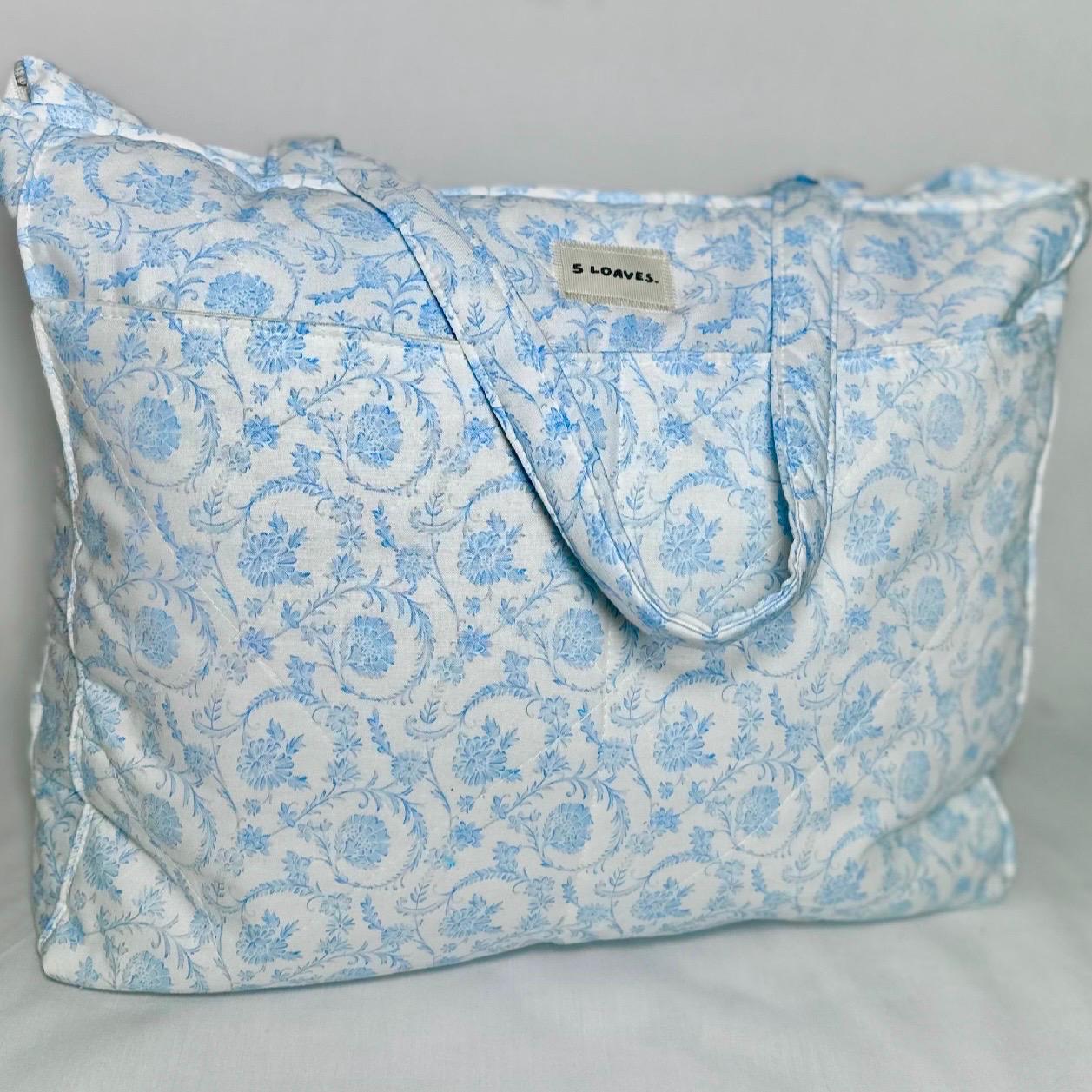 Blue Floral Quilted Diaper Bag Handmade Cotton Mom Tote, Lightweight Nursery Bag