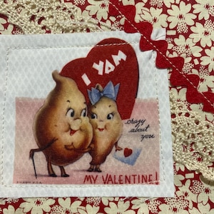 Fabric Snippet, Junk Journal, Fabric Photo, Journaling Page, Anthropomorphic Fruit, Yams, Slow stitch, Journal Tuck, Fabric Snippets