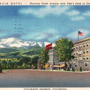 Carte postale vintage, Colorado Springs, Colorado, Acacia Hotel, Carte postale en lin, Carte postale ancienne, Carte postale ancienne, Colorado Springs Main Street