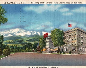 Vintage Postcard, Colorado Springs, Colorado, Acacia Hotel, Linen Postcard, Old Postcard, Antique Postcard, Colorado Springs Main Street