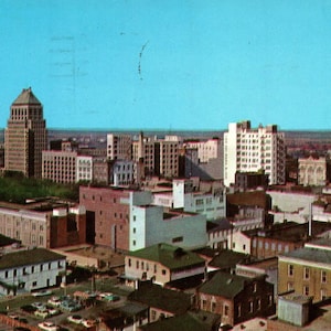 Cartolina d'epoca, Mobile, Alabama, Skyline, Centro città, 1959, Cartolina, Cartolina cromata, Cartolina Alabama, Cartolina Mobile, Mobile