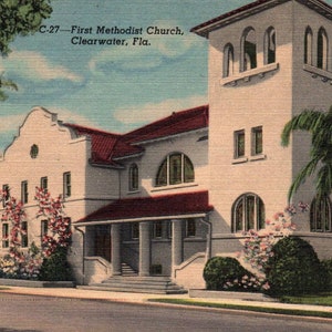 Postal Vintage, Clearwater, Florida, Primera Iglesia Metodista, Postal de Florida, Postal de lino, Postal de Clearwater, Clearwater Florida
