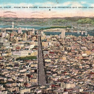 San Francisco, Californie, Twin Peaks, Treasure Island, Golden Gate Bridge, carte postale, carte postale vintage, carte postale ancienne, carte postale en lin