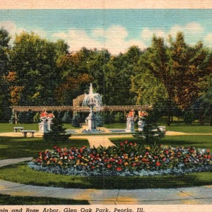 Cartoline d'epoca, Peoria, Illinois, Glen Oak Park, lago, ponte, fontana, pergolato di rose, cartolina, cartoline di lino, cartolina di Peoria, effimera