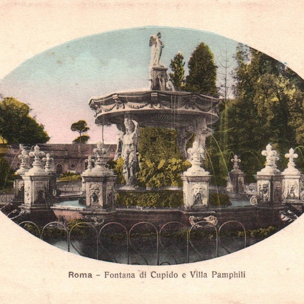 Vintage Postcard, Rome, Italy, Fontana di Cupido e Villa Pamphili, Old Postcard, Italy Postcard, Rome Postcard, Antique Postcard