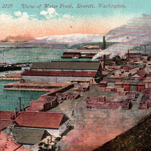 carte postale vintage, Everett, Washington, ville, front de mer, carte postale, carte postale ancienne, carte postale ancienne, carte postale de Washington, carte postale d'Everett