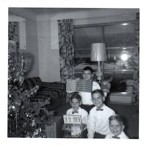 Found Photograph, Boys with Christmas Presents, Vernacular Photograph, Black and White, Christmas Morning, Photograph, Junk Journal