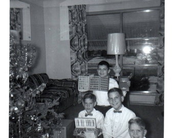 Found Photograph, Boys with Christmas Presents, Vernacular Photograph, Black and White, Christmas Morning, Photograph, Junk Journal