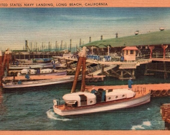 Vintage Postkarte, Long Beach, Kalifornien, Marine, Bootslandung, Leinen, Dekor, Ephemera, Militär, Ephemera, Sammlerstück