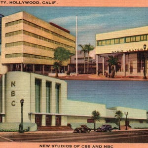 May include: Vintage postcard featuring Radio City in Hollywood, California. The image showcases the NBC and CBS studios, with a multi-story building and a theater. The postcard has a retro aesthetic with a warm color palette.
