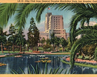 Vintage Postcard, Los Angeles, California, Elks Club, MacArthur Park, Postcard, Old Postcard, Linen Postcard, California Postcard, Souvenir