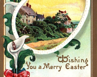 Postal vintage, postal de Pascua, feliz Pascua, pollitos, lirio, Pascua vintage, postal de Pascua antigua, postal de Pascua antigua, victoriana