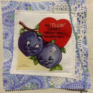 Fabric Snippet, Junk Journal, Fabric Photo, Journaling Page, Anthropomorphic Fruit, Plums, Slow stitch, Journal Tuck, Fabric Snippets