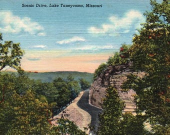 Vintage ansichtkaart, Lake Taneycomo, Missouri, linnen ansichtkaart, kortstondige, Missouri souvenir, cadeau, reisdagboek, plakboek, vakantie, meer