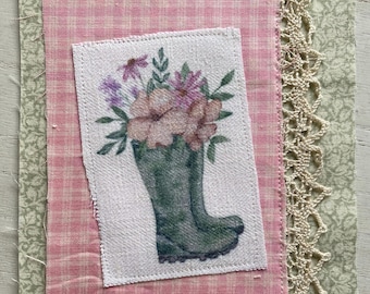 Fragmento de tela, flores, jardinería, diario basura, puntada lenta, colcha artística, parche bohemio