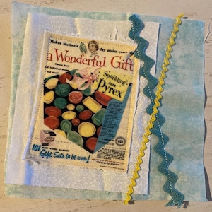 Fabric Snippet, Junk Journal Page, Mixed Media, Housewife, Vintage Dishes,50s, Sewing, Vintage Photograph, Journal, Journaling, Snippet