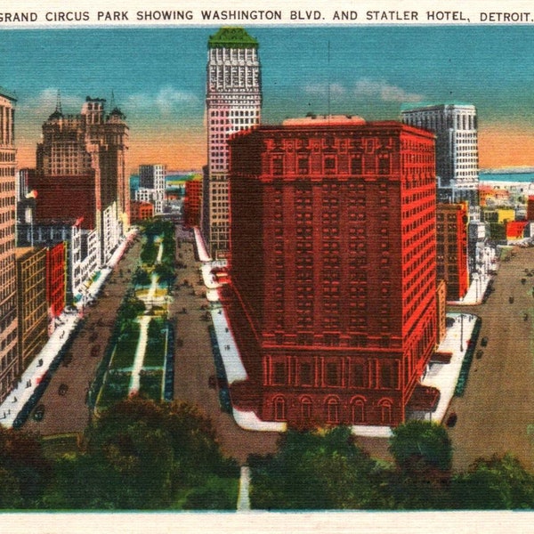 Carte postale ancienne, Détroit, Michigan, Grand Circus Park, Washington Boulevard, Statler Hotel, Carte postale de Détroit, Centre-ville de Détroit