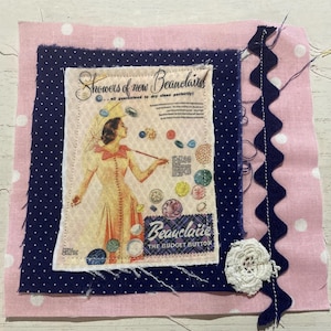 Fabric Snippet, Junk Journal Page, Mixed Media, Housewife, Sewing, Needlewoman, Vintage Photograph, Journal, Journaling, Snippet
