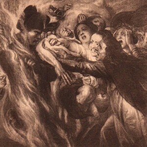 May include: A sepia-toned artwork depicting a chaotic scene of figures in distress. The image shows multiple people with anguished expressions, some reaching out, amidst swirling, flame-like forms. Text in French, English, and Dutch is visible.
