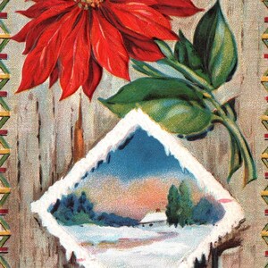 Postal Vintage, Postal de Navidad, Poinsettia, Lago, Árboles, Granja, Postal de Navidad Victoriana, Diario de Navidad, Diario Basura, Postal