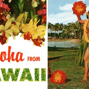 Vintage Postkarte, Hawaii, Aloha, Hula Tänzerin, Hula Girl, Grasrock, Blumen, Postkarte, Chrome Postkarte, Hawaii Postkarte, Hawaii Souvenir