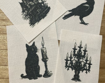 Fabric Photos, Edgar Allen Poe Theme, Fabric, Spooky,  Fabric Snippets, Junk Journal, Mixed Media, Raven, Cat, Candles, House