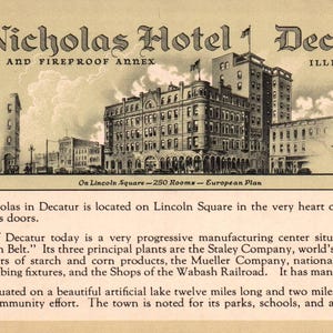 carte postale vintage, Decatur, Illinois, hôtel St. Nicholas, carte postale, carte postale ancienne, carte postale de Decatur, hôtel de Decatur, cartes postales de Decatur