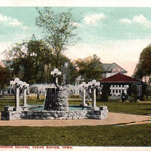 carte postale vintage, Cedar Rapids, Iowa, George Green Square, fontaine, carte postale, carte postale ancienne, carte postale Cedar Rapids, carte postale de l'Iowa