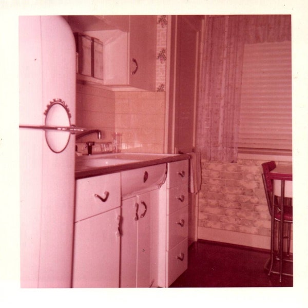Found Photo, 50s Kitchen, Refrigerator, Sink, Old Photograph, Vintage Color Photograph, Kodak Photograph